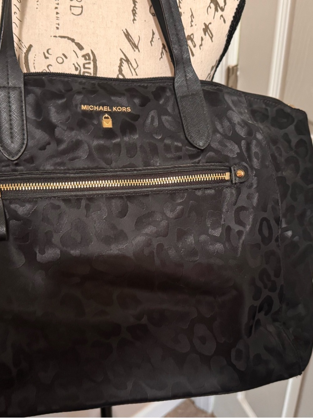 Michael Kors Black Leopard Jacquard Tote with Gold Hardware